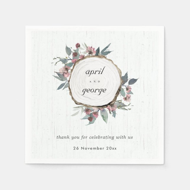 Rustit Wooden Vild Rosa Eucalyptus Blommigt Bröllo Pappersservett (Framsidan)