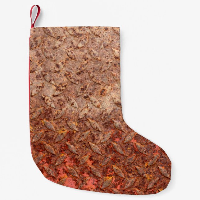 Ruststålplattan, grungy metall struktur. liten julstrumpa (Framsidan)