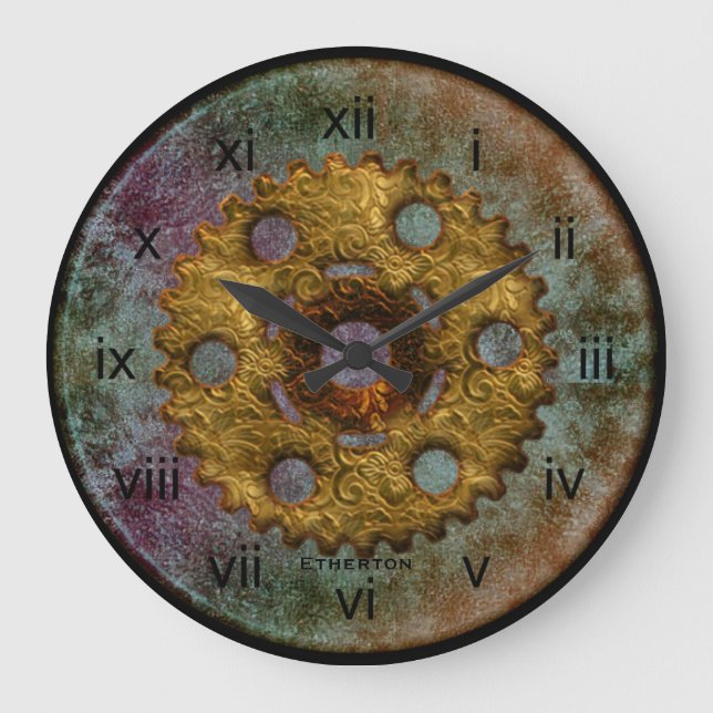 Rusty Blue och Brass Tones Steampunk Clock Stor Klocka (Framsida)