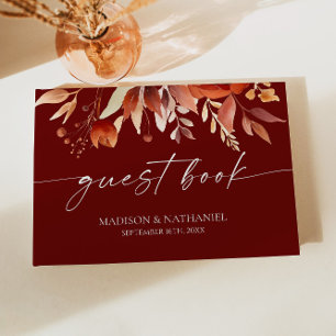 Rusty Burgundy Brown Blommigt Flower Bröllop Gästböcker