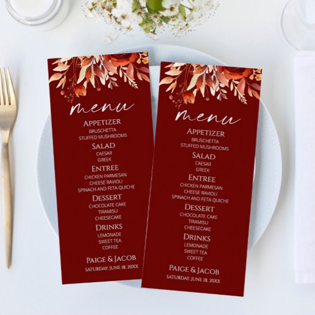 Rusty Burgundy Brown Blommigt Flower Bröllop Meny (Skapare uppladdad)