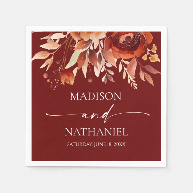 Rusty Burgundy Brown Floral Flower Wedding Pappersservett (Framsidan)