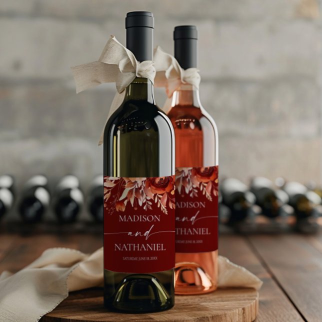 Rusty Burgundy Brown Floral Flower Wedding Vinflaska Etikett (Skapare uppladdad)