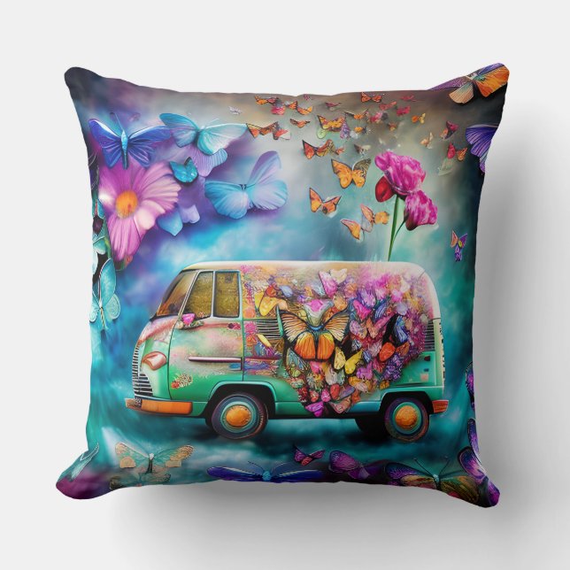 Rusty gamle Combi Van med Flowers Butterflies Kudde (Framsida)