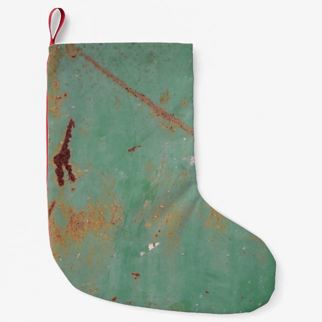Rusty grönt västerut texturerad stadspanel i metal liten julstrumpa (Framsidan)