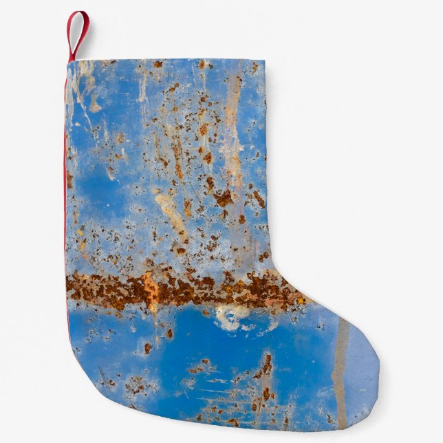 Rusty metall struktur, blå, listig dekoration. liten julstrumpa (Framsidan)