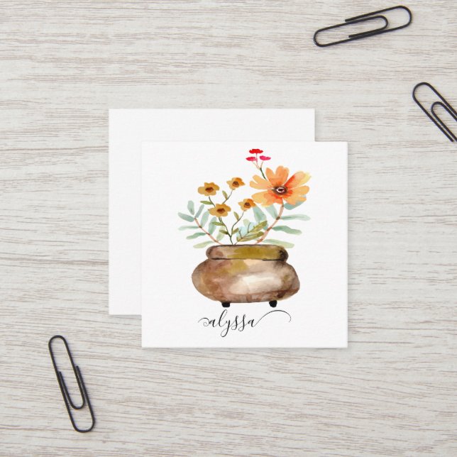 Rusty Pink Rose Flowers Trendy Script Name Fyrkantigt Visitkort (Fram/Back In Situ)