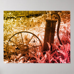 Rusty Pump Wheel Garden Black and White Vintage Poster