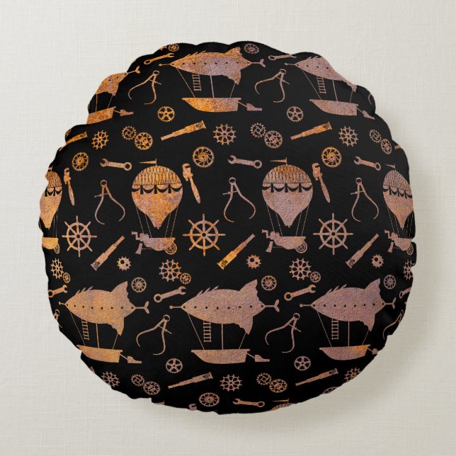 Rusty Steampunk Airships Theme Rund Kudde (Framsidan)