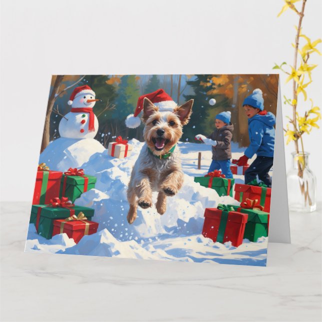 Rut Terrier Lopar Genom Snö med Julhatt Kort (Gul blomma)