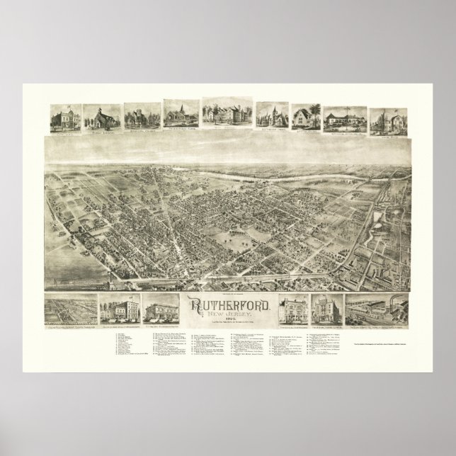 Rutherford, NJ Panoramic Karta - 1904 Poster (Framsidan)