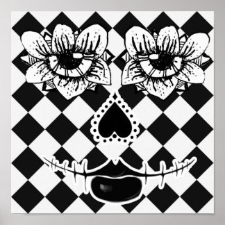 Rutig Blomma Ansikte | Svart och Vitt Surrealistis Poster