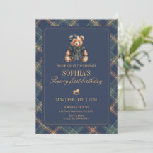 Rutig flicka Teddy Navy Tartan Björn 1-årsdag