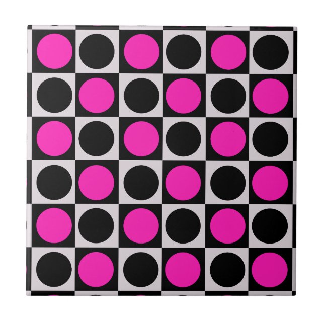 Rutig geometrisk rosa svarta cirkel prickar  kakelplatta (Framsidan)