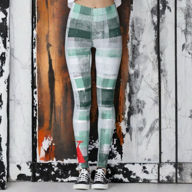 Rutig grön vit monogrammerad röd festlig tartan  leggings (Skapare uppladdad)