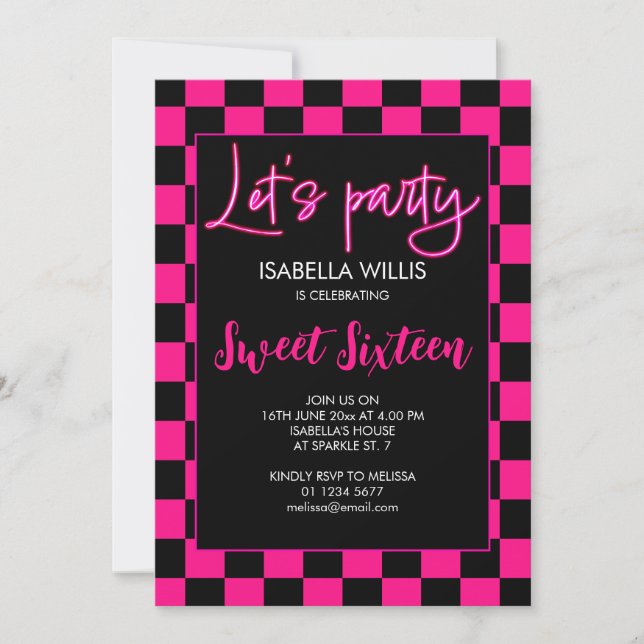 Rutig het rosa svart retro Låt oss festa Sweet 16 Inbjudningar (Framsida)