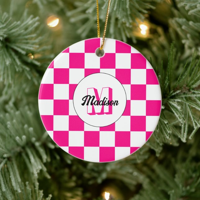 Rutig het rosa vit geometrisk retro monogram julgransprydnad keramik (Träd)