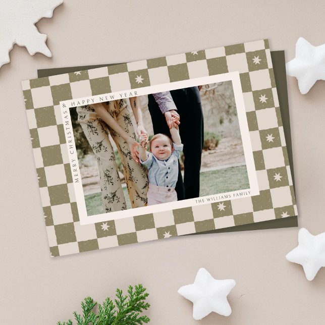 Rutig julfotografiholidaykort julkort (holiday checkered Christmas photo card on beige background)