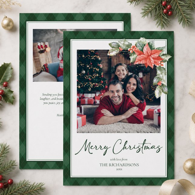 Rutig julkort med eget foto 2 (elegant holly plaid 2 photo merry christmas card with custom family photos and message)