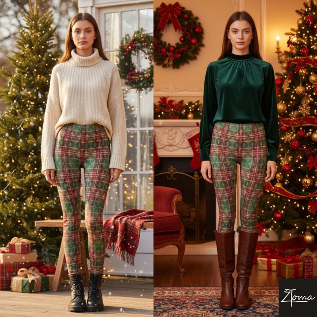 Rutig julröd grön fin tartan leggings (Skapare uppladdad)