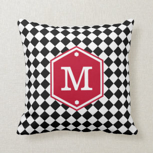 Rutig körsbärsröd röd Monogram för svart & Kudde