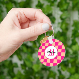 Rutig persika het rosa geometrisk retro Monogram Nyckelring
