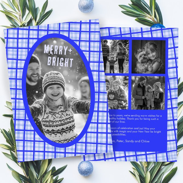 Rutig randig gingham jul anpassad fotokollage julkort (Bold Plaid Gingham BLue Christmas Custom Photo Collage Holiday Card
)