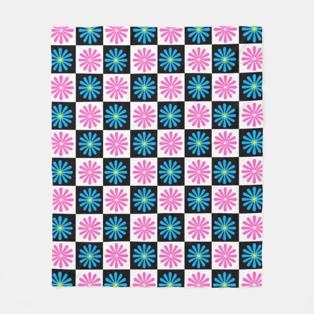 Rutig Rosa Blå Blommig Design Fleecefilt (Framsidan)