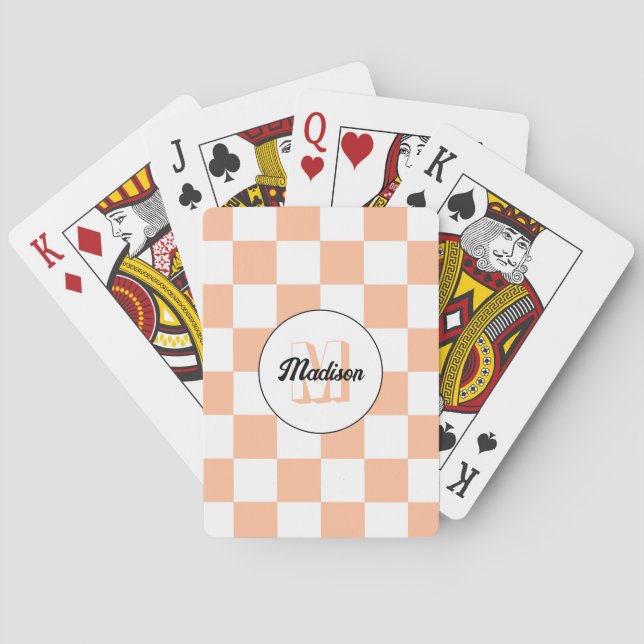 Rutig vit geometrisk retro monogram på persikofärg casinokort (Baksidan)