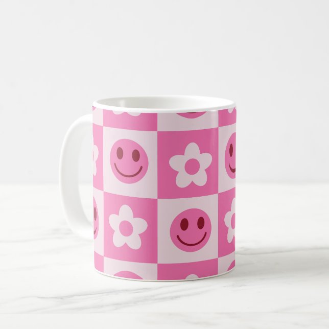 Rutiga blommor och glada ansikten Rosa  Kaffemugg (Framsida vänster)