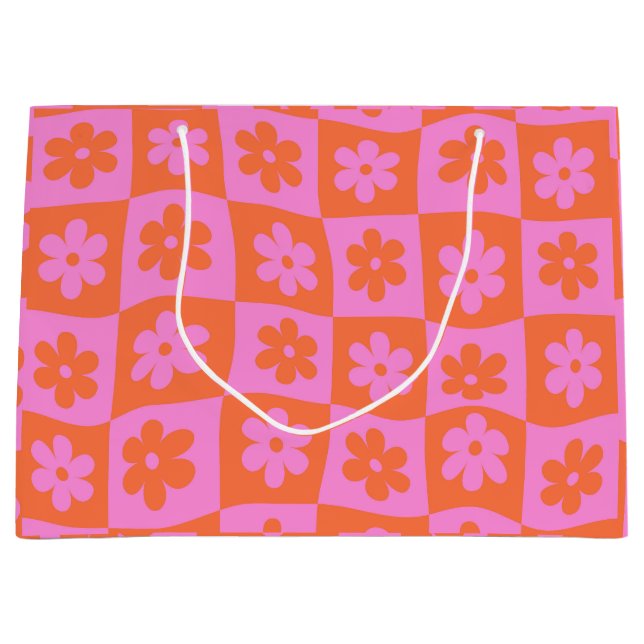 Rutiga Förvrängda Retro Rosa och Orange Blommor (Framsidan)