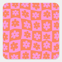 Rutiga Förvrängda Retro Rosa och Orange Blommor