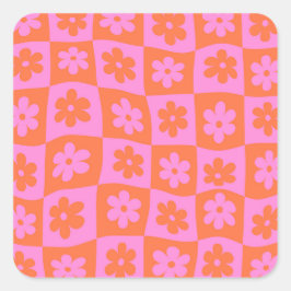 Rutiga Förvrängda Retro Rosa och Orange Blommor Fyrkantigt Klistermärke