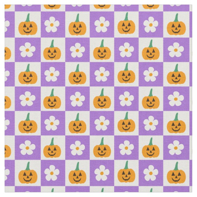 Rutiga halloweenpumpor och retroblommor tyg (Närbild)