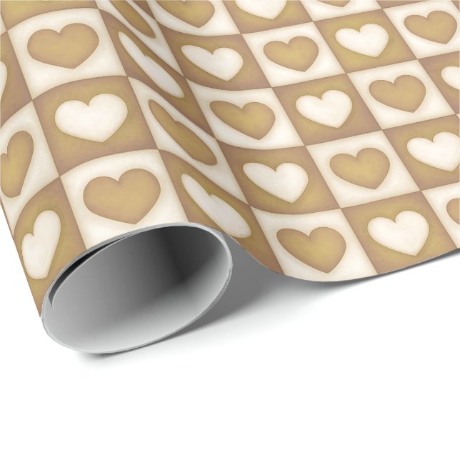 Rutiga hjärtan i blond kräm presentpapper (Rullad Hörn)