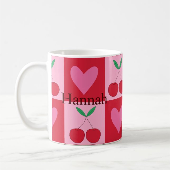 Rutiga körsbär med rosa hjärtan Anpassat namn  Kaffemugg (Vänster)