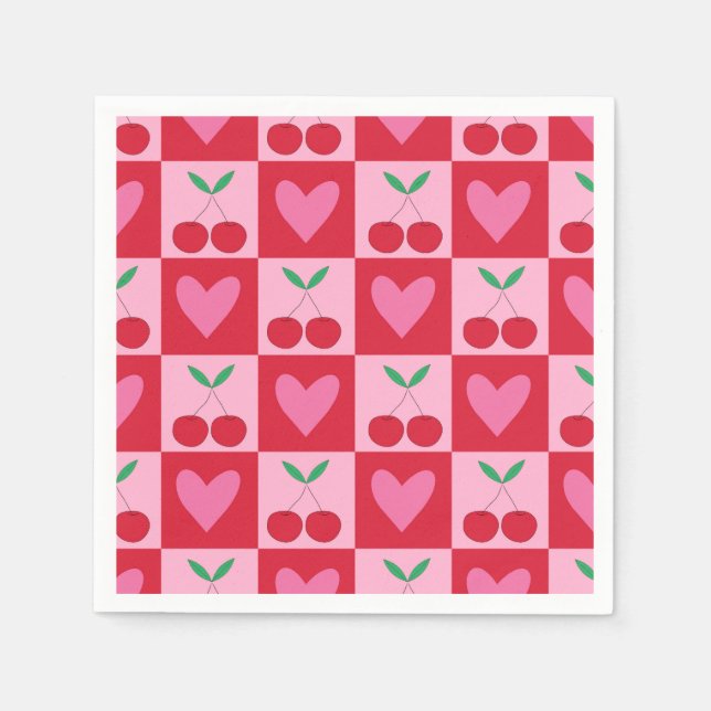 Rutiga körsbär med rosa hjärtan mönster pappersservett (Framsidan)