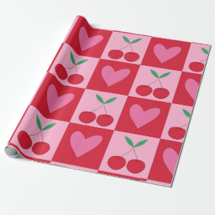 Rutiga körsbär med rosa hjärtan mönster presentpapper