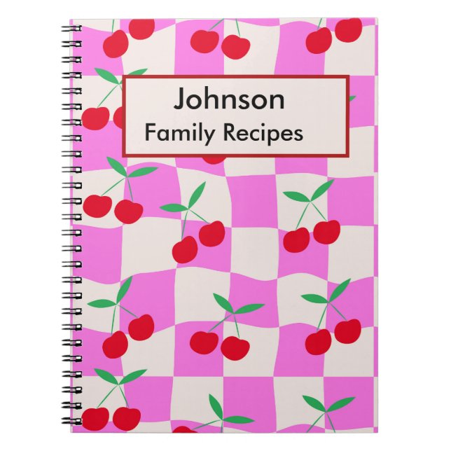 Rutiga körsbär på rosa anpassade recept  anteckningsbok (Framsidan)
