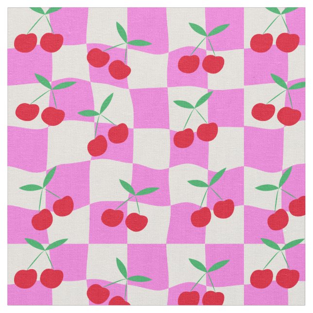 Rutiga körsbär på rosa skeva schackbräden tyg (Närbild)