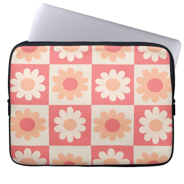 Rutiga Peach Fuzz och Orange Retro Blommor  Laptop Fodral (Framsidan)