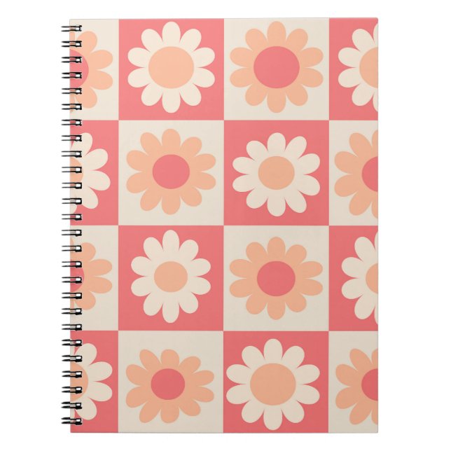 Rutiga Peach Fuzz Retro Blommönster  Anteckningsbok (Framsidan)
