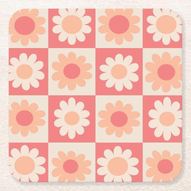 Rutiga Peach Fuzz Retro Blommönster  Underlägg Papper Kvadrat (Framsidan)