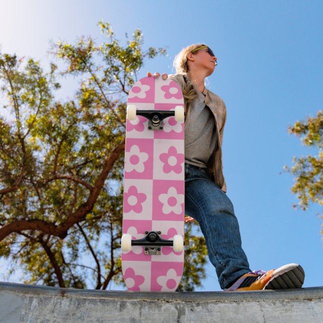 Rutiga Preppy Retro Blommor Vita och Rosa  Mini Skateboard Bräda 18,5 Cm (Utomhus 1)