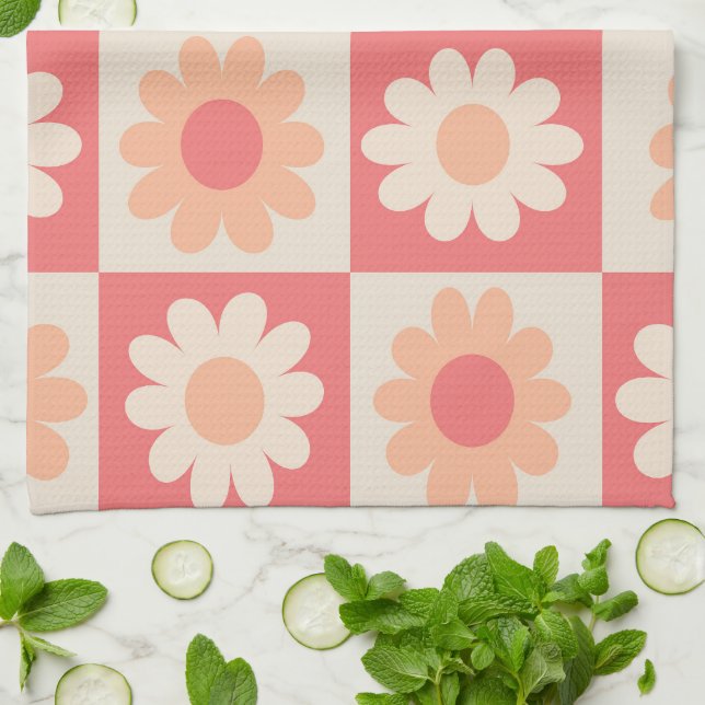 Rutiga Retro Blommor Mönster i Peach Fuzz  Kökshandduk (Vikta)