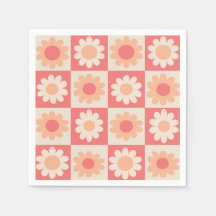 Rutiga Retro Blommor Mönster i Persika Fuzz