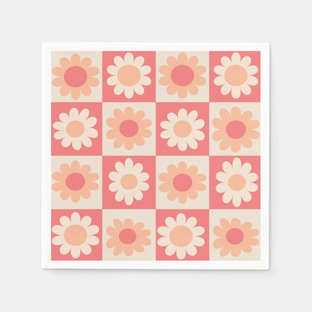 Rutiga Retro Blommor Mönster i Persika Fuzz  Pappersservett (Framsidan)