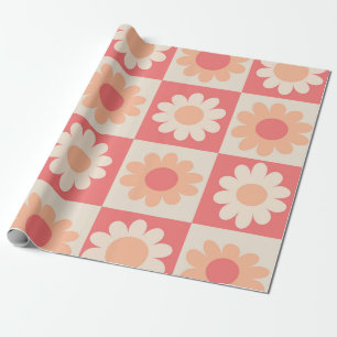 Rutiga Retro Blommor Mönster i Persika Fuzz Presentpapper