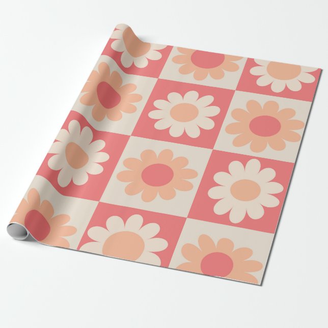 Rutiga Retro Blommor Mönster i Persika Fuzz  Presentpapper (Utrullad)