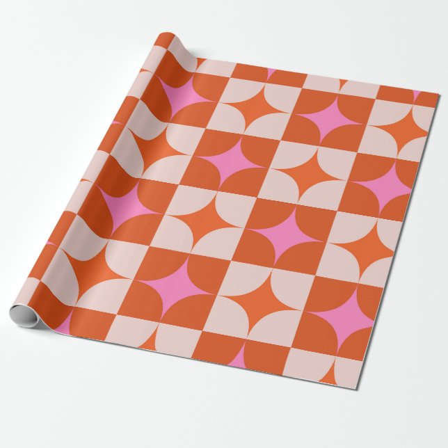Rutiga rosa orange Mid Century Starbursts  Presentpapper (Utrullad)